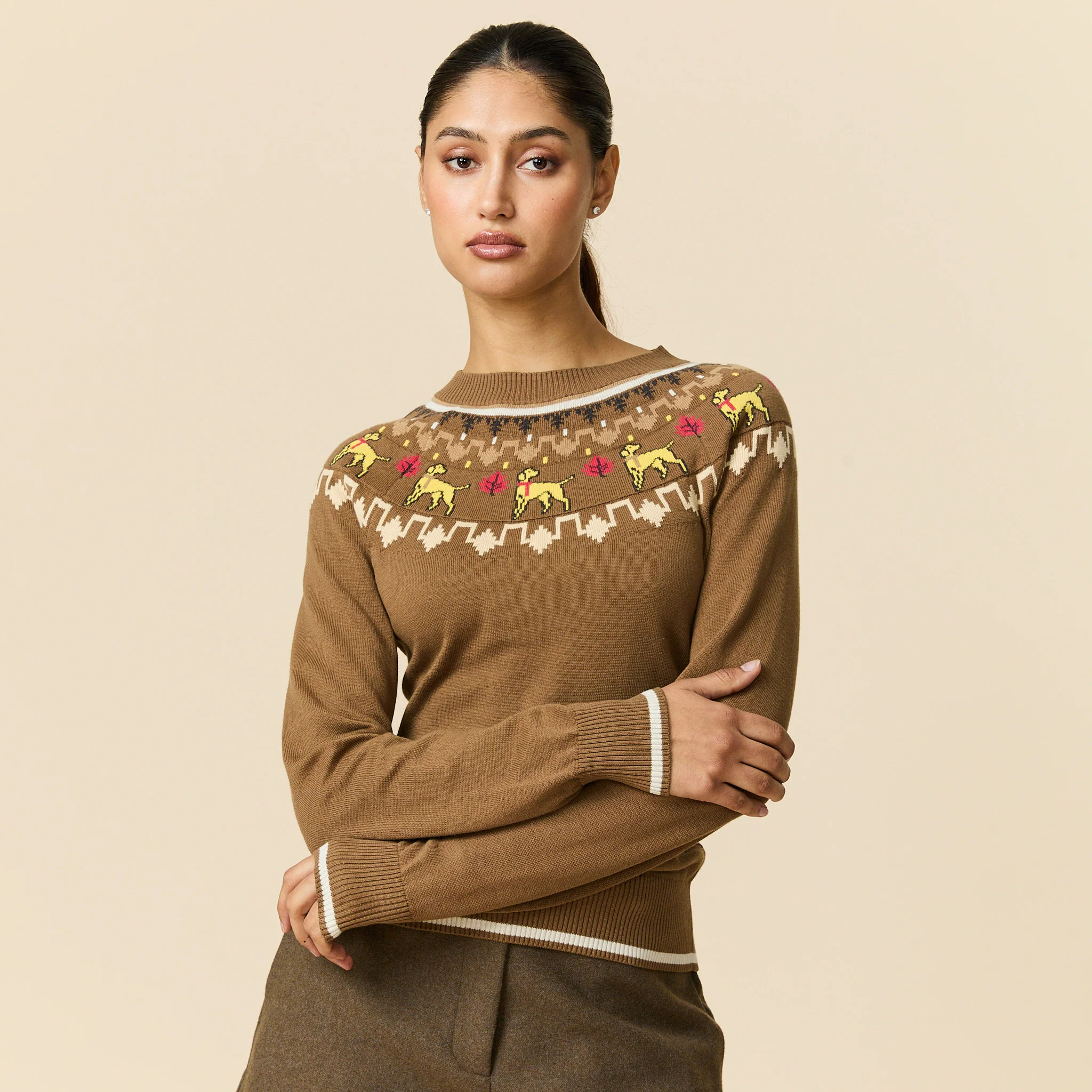 Women's Cotton Thanksgiving Fairisle Sweater Brown - Image 3