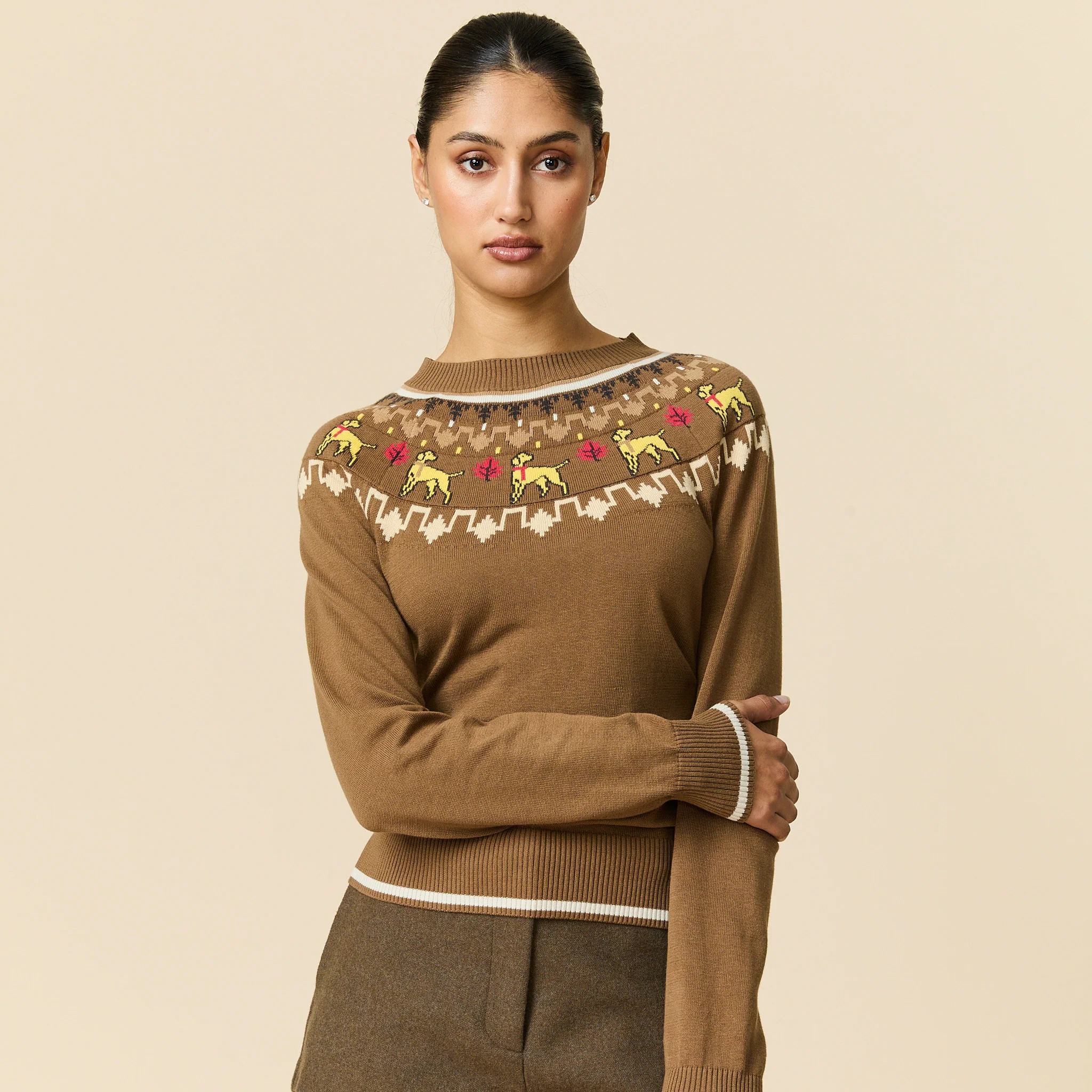 Women's Cotton Thanksgiving Fairisle Sweater Brown - Image 6