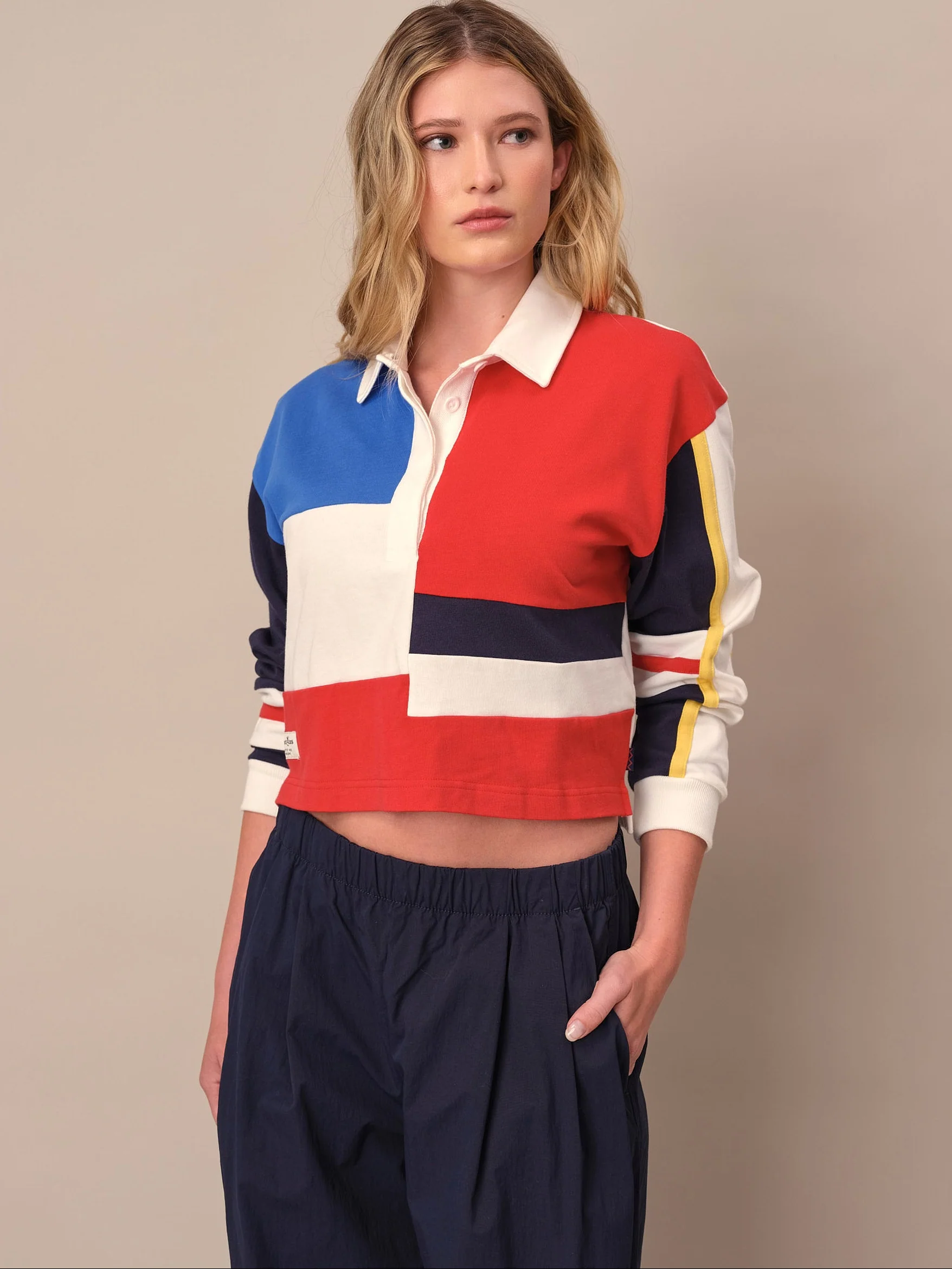 Women's Cropped Color Block Rugby Primary Colorblock - Image 3