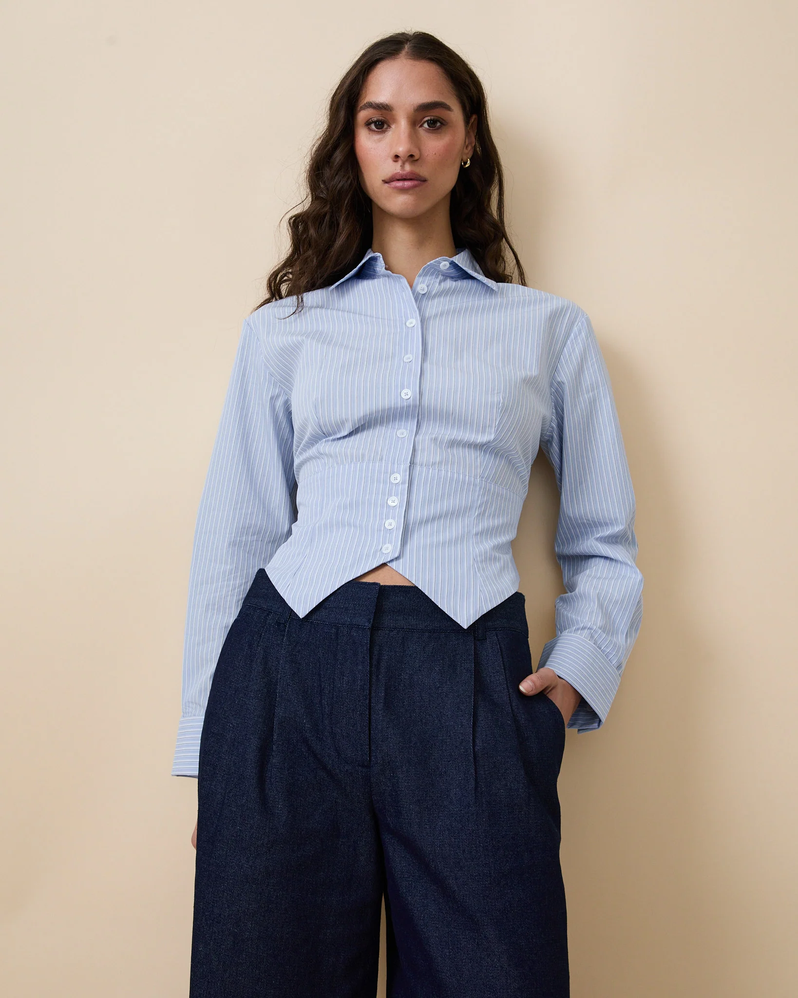 Women's Cummerbund Striped Button Down Shirt Blue - Image 3