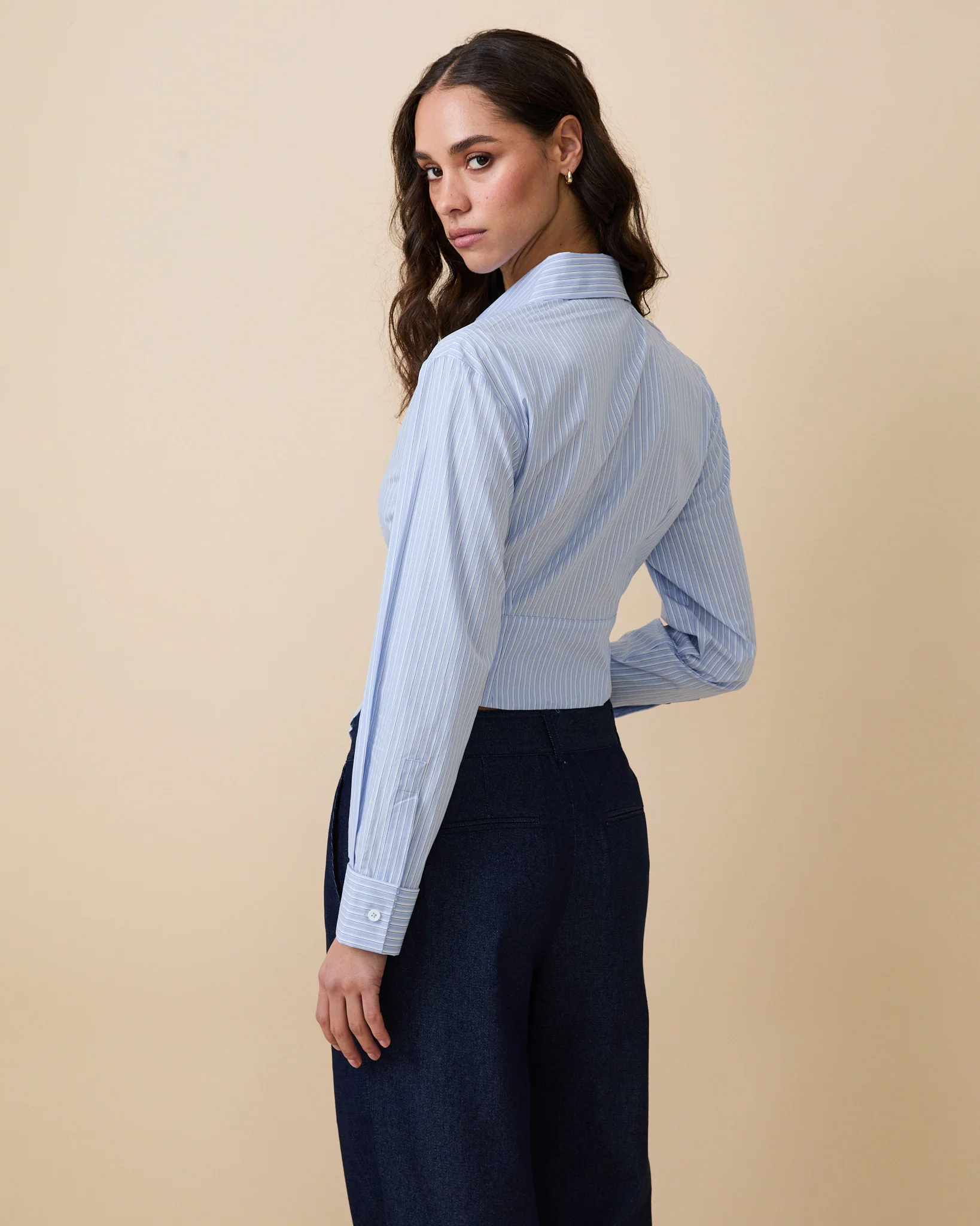 Women's Cummerbund Striped Button Down Shirt Blue - Image 5
