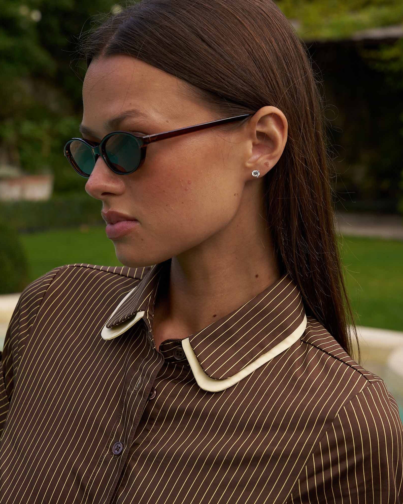 Women's Double Collar Button Down Brown and Yellow Stripe - Image 6