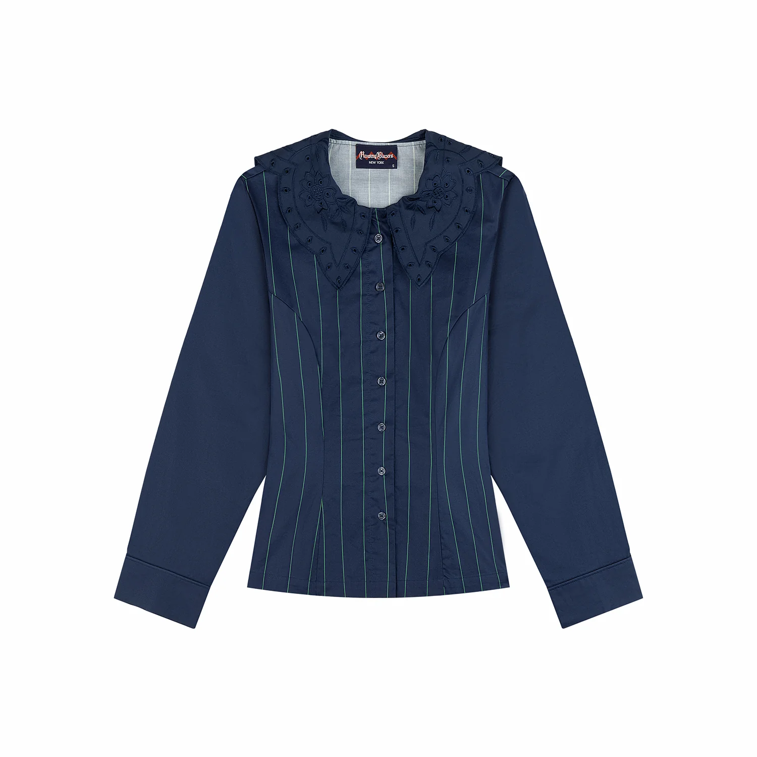 Women's Fitted Lace Collar Button Down Shirt Navy