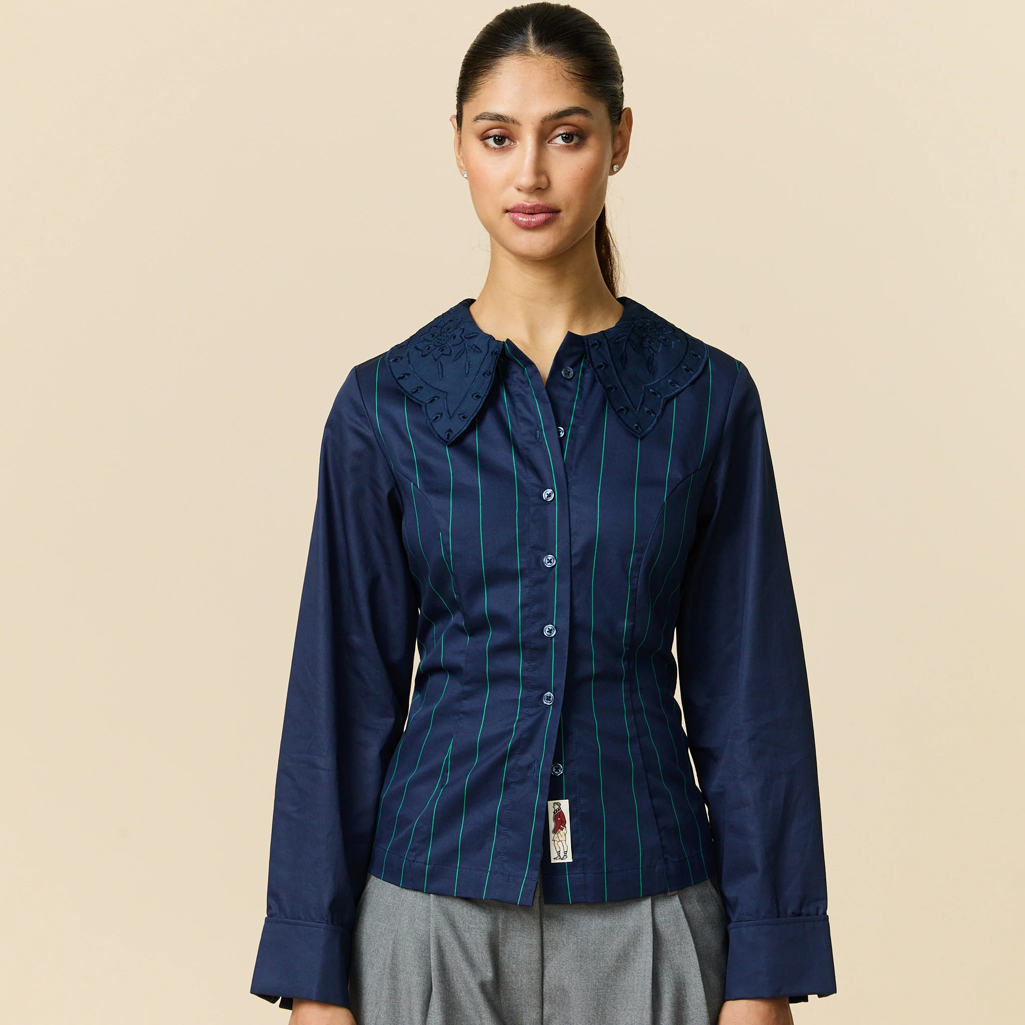 Women's Fitted Lace Collar Button Down Shirt Navy - Image 2