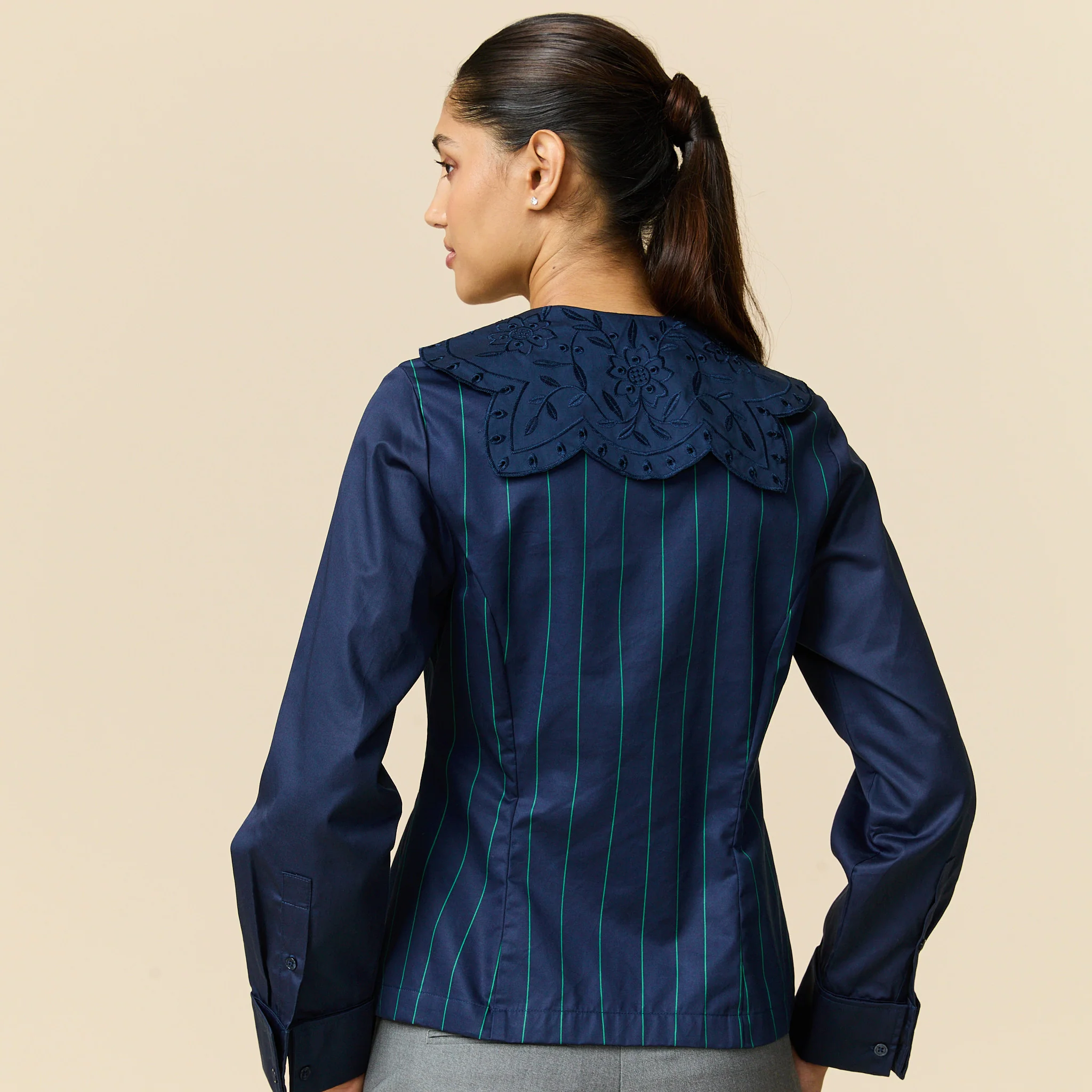 Women's Fitted Lace Collar Button Down Shirt Navy - Image 3