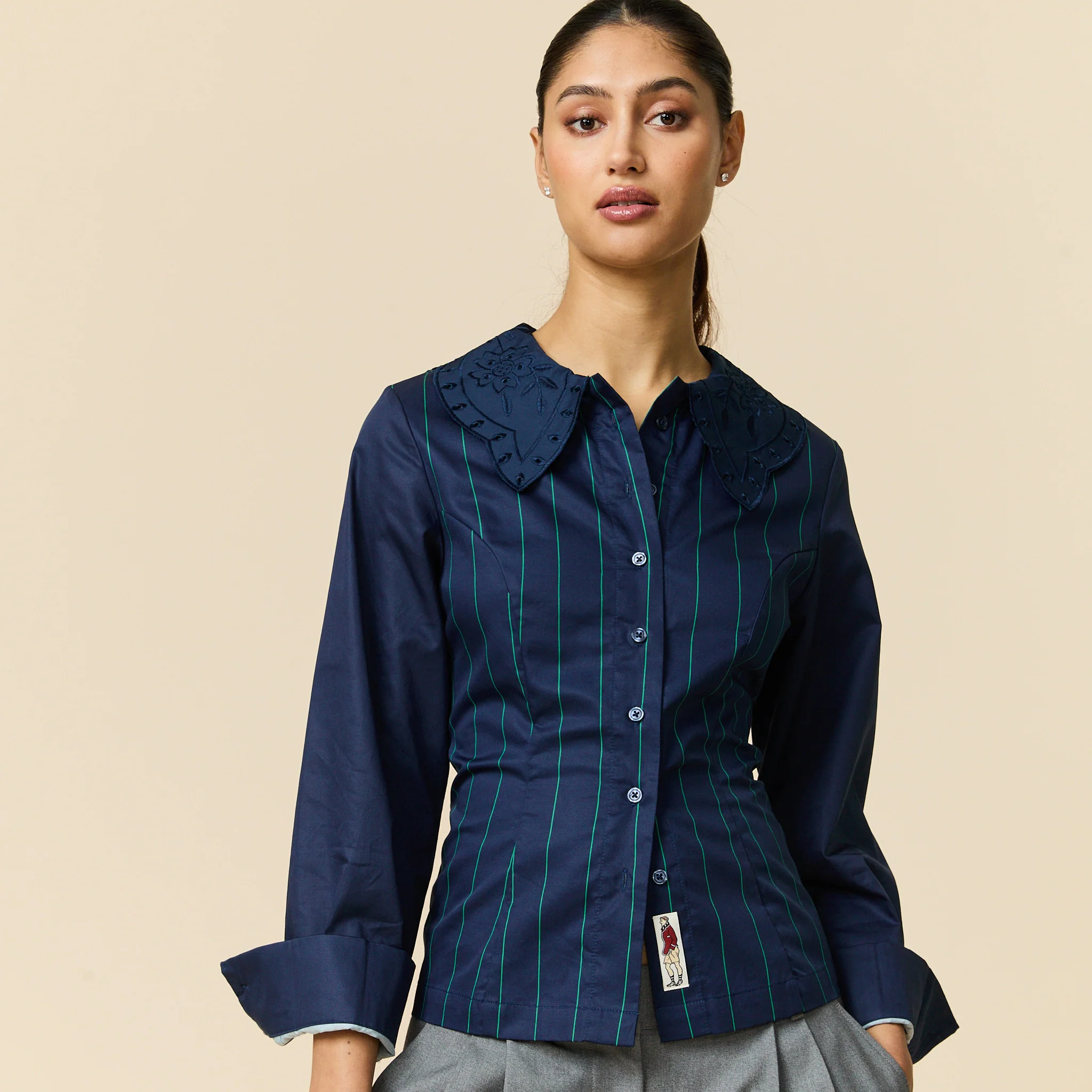 Women's Fitted Lace Collar Button Down Shirt Navy - Image 4