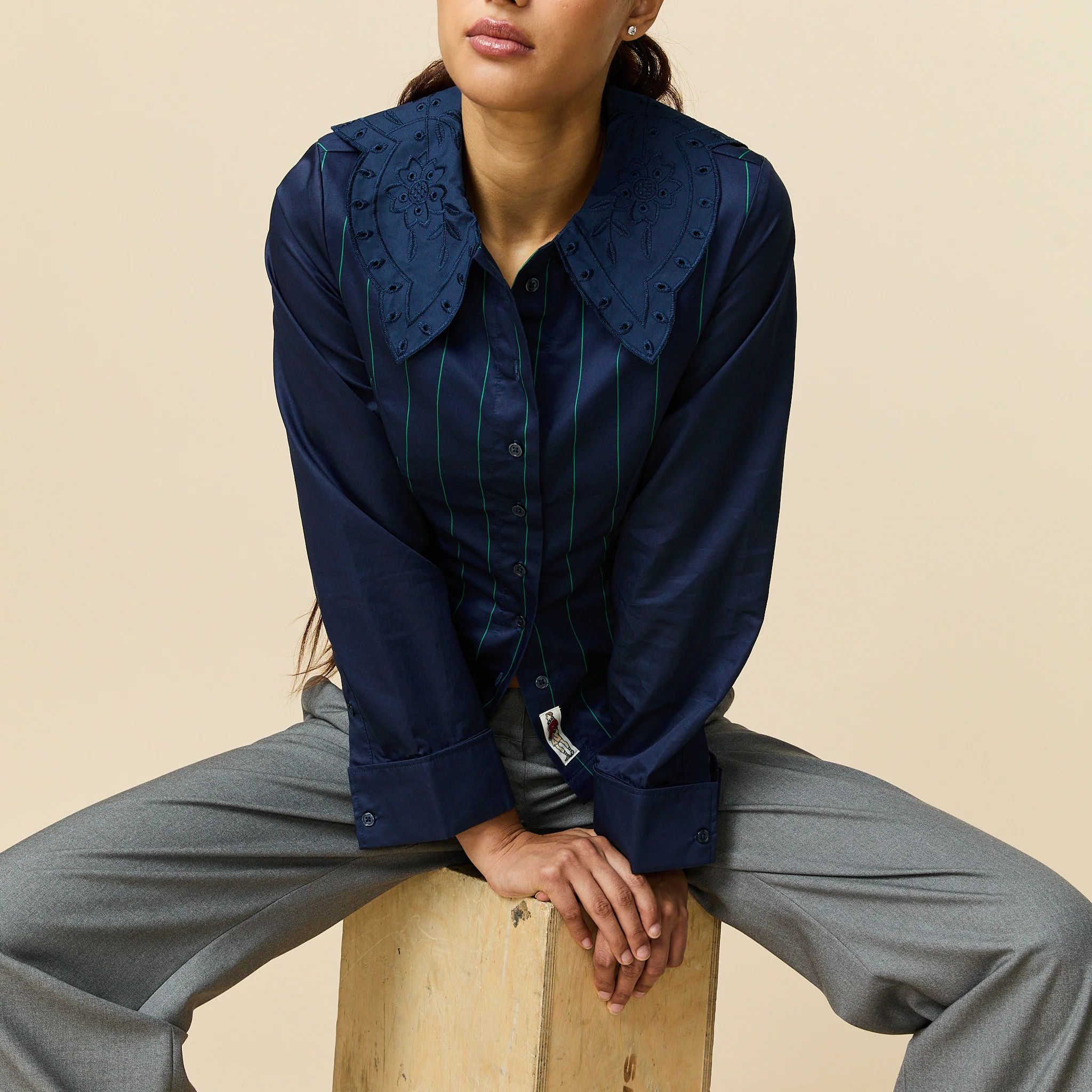 Women's Fitted Lace Collar Button Down Shirt Navy - Image 5