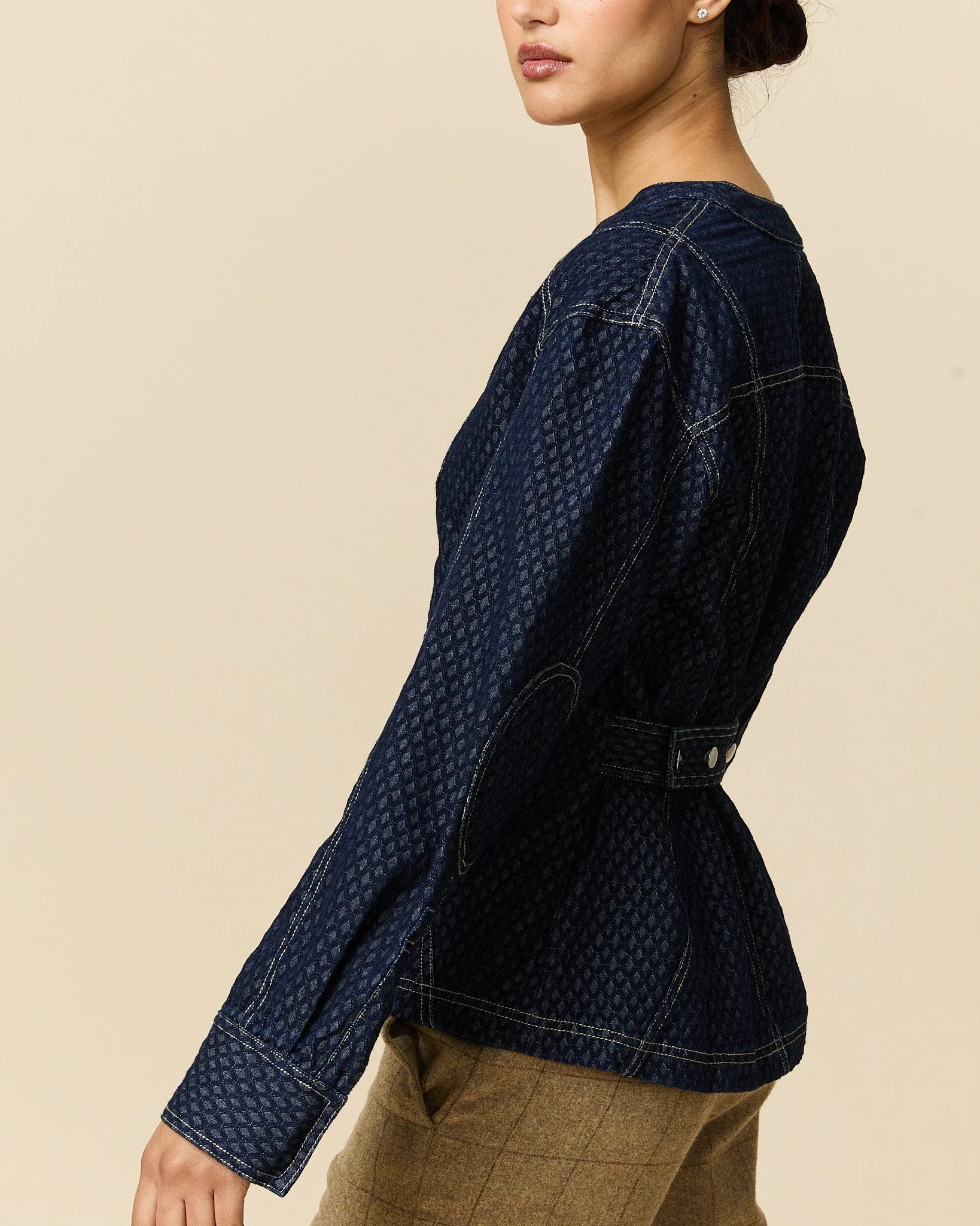 Women's Indigo Jacquard Denim Riding Jacket Navy - Image 4