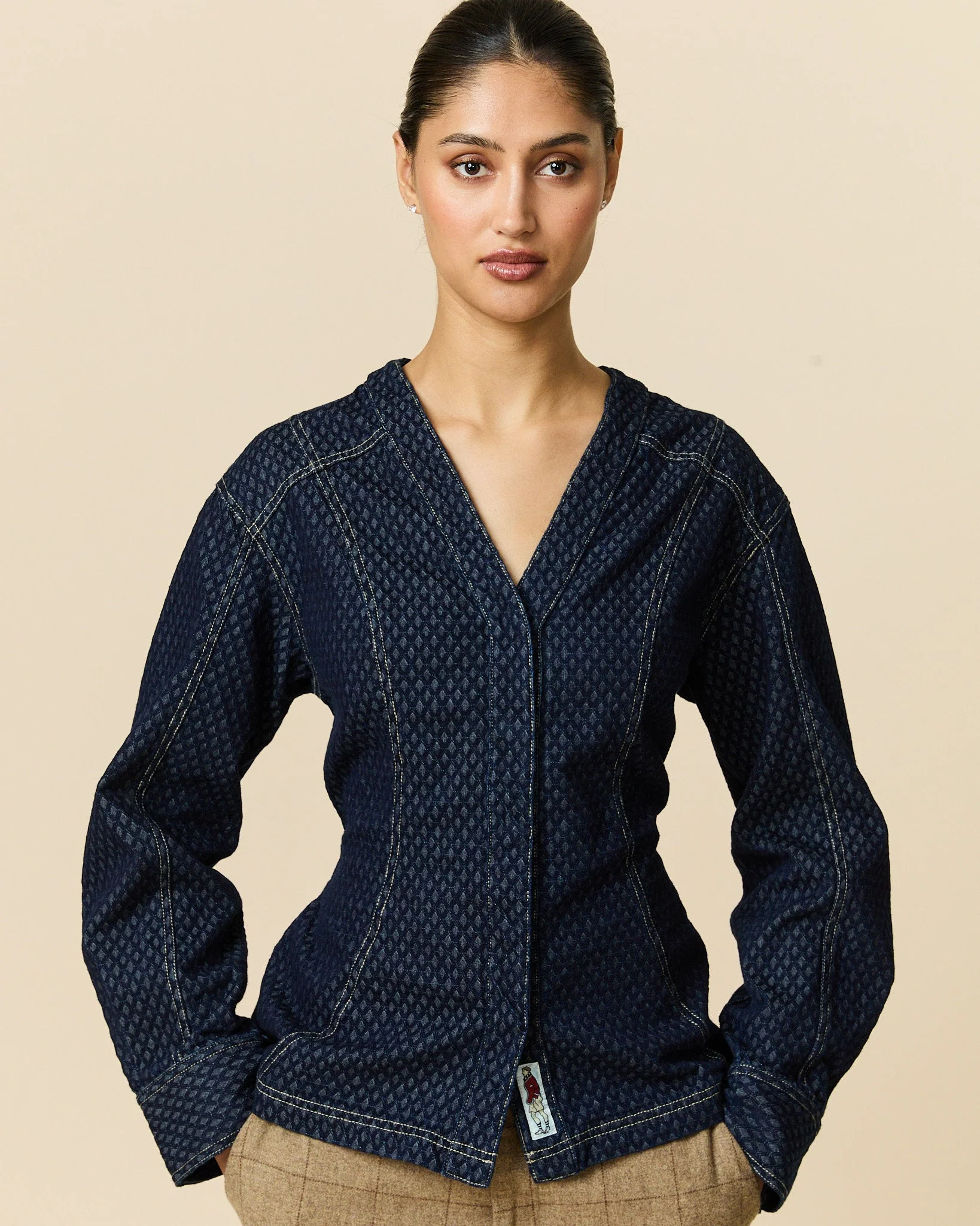 Women's Indigo Jacquard Denim Riding Jacket Navy - Image 5