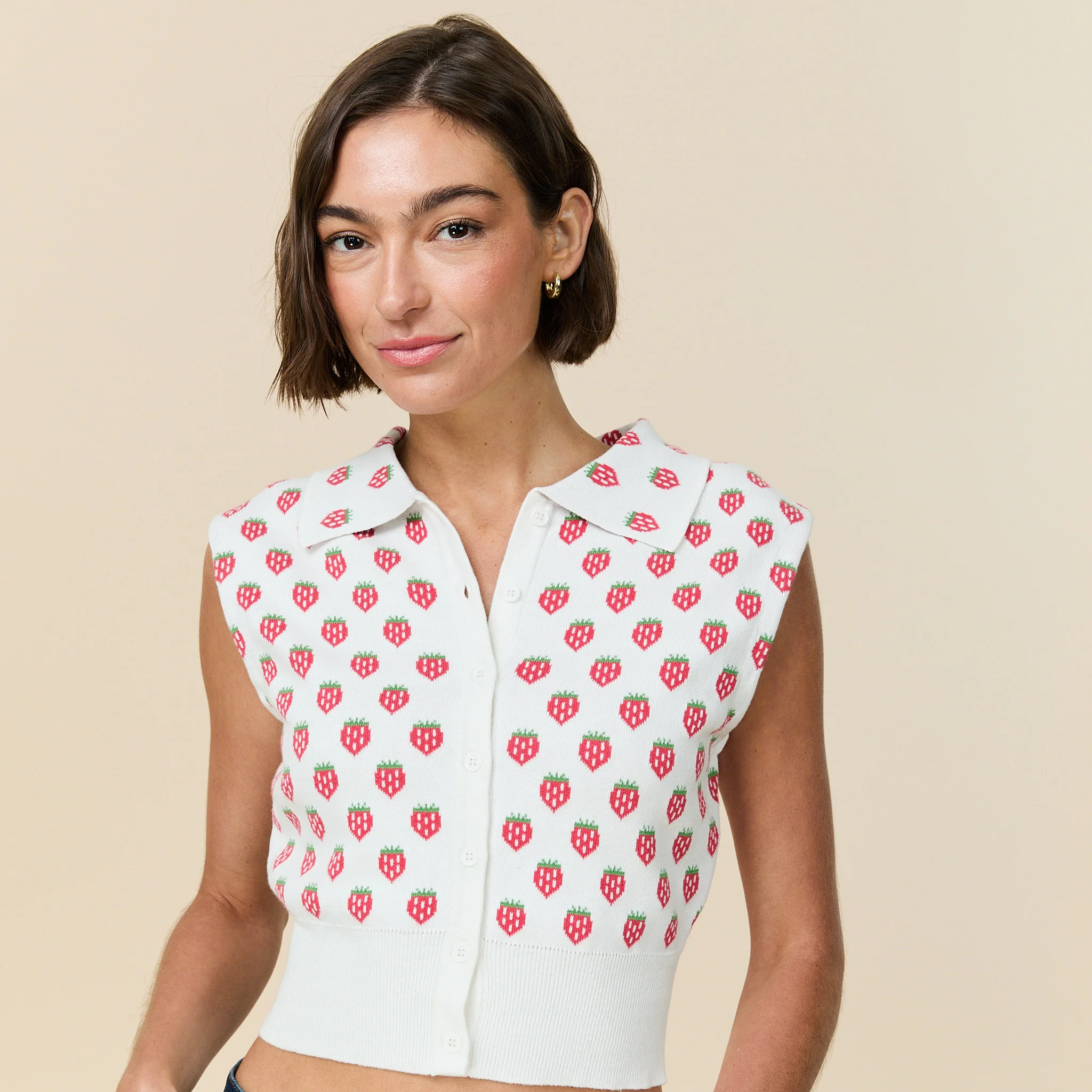 Women's Knit Collared Button Up Tank Strawberry - Image 2