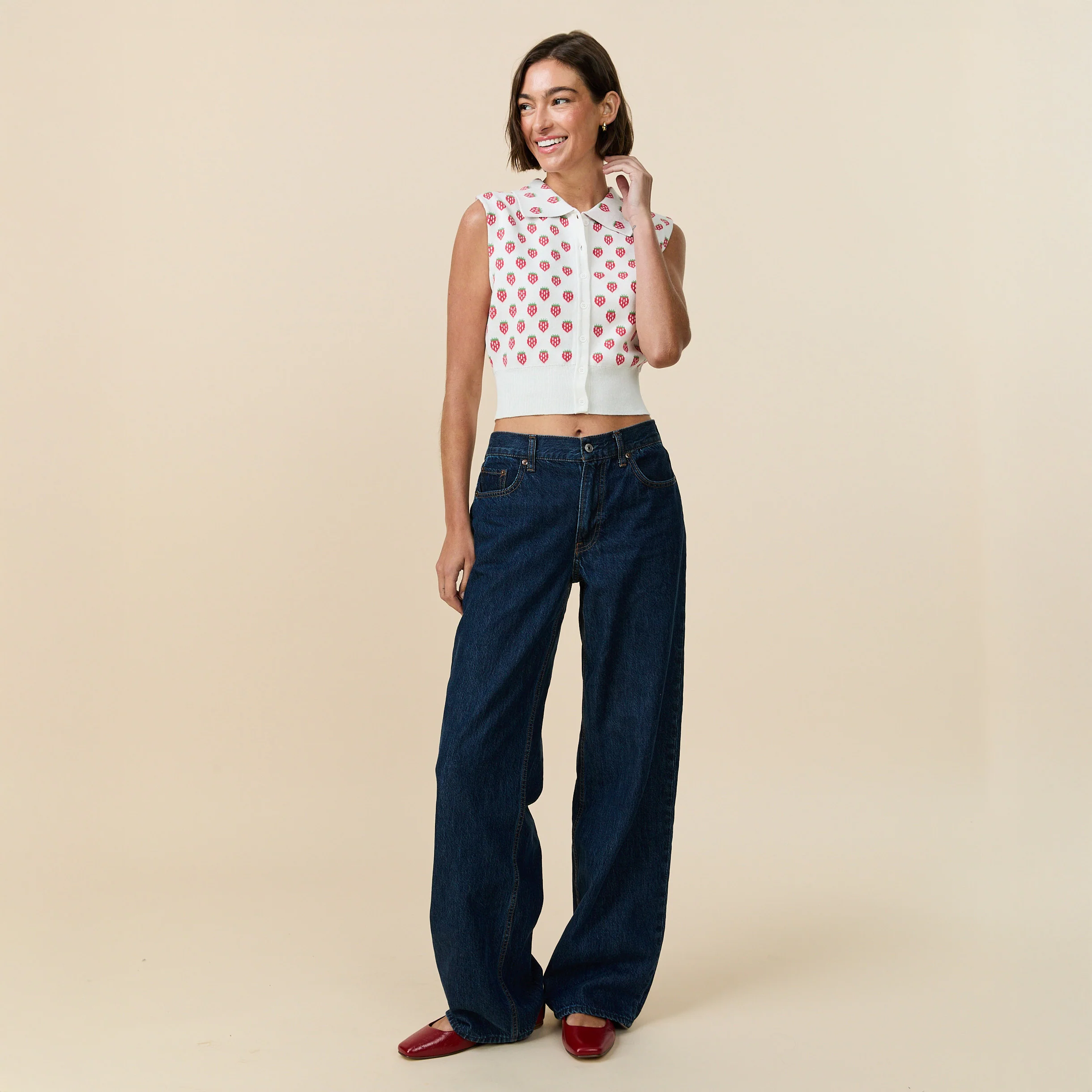 Women's Knit Collared Button Up Tank Strawberry - Image 3