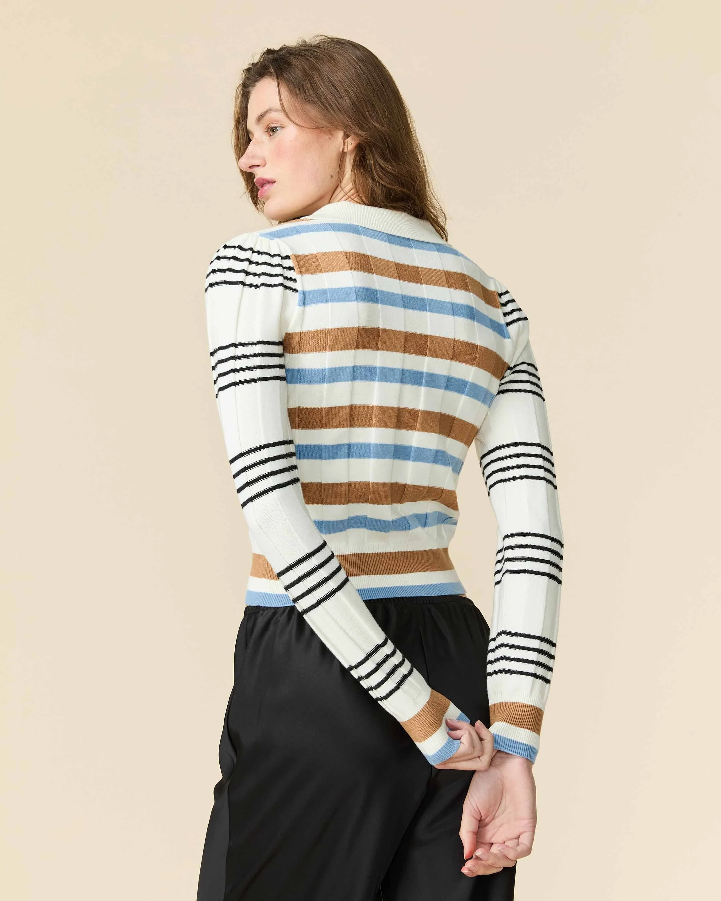 Women's Knit Jacquard Stripe Long Sleeve Polo Beige Blue Stripe - Image 3