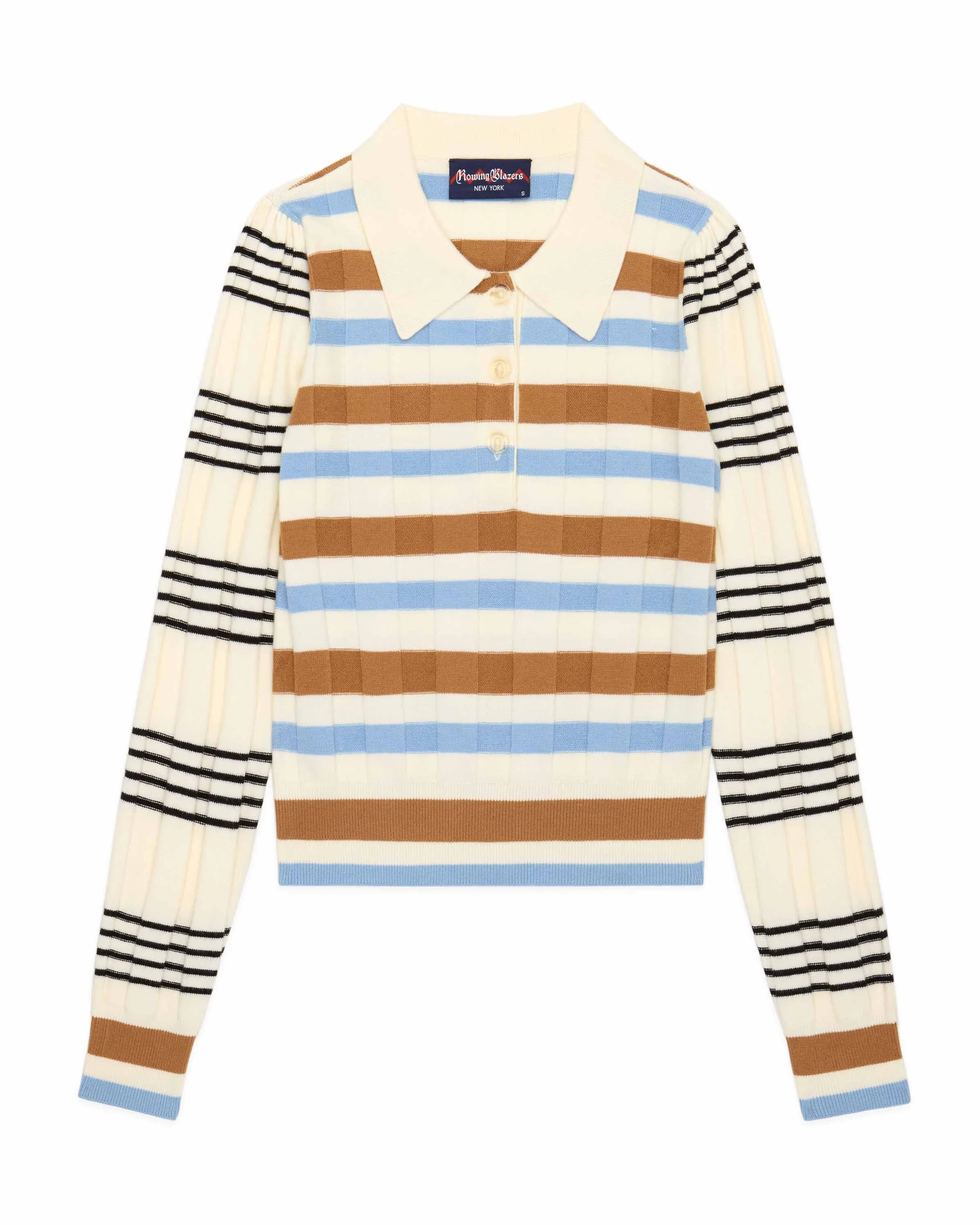 Women's Knit Jacquard Stripe Long Sleeve Polo Beige Blue Stripe - Image 4