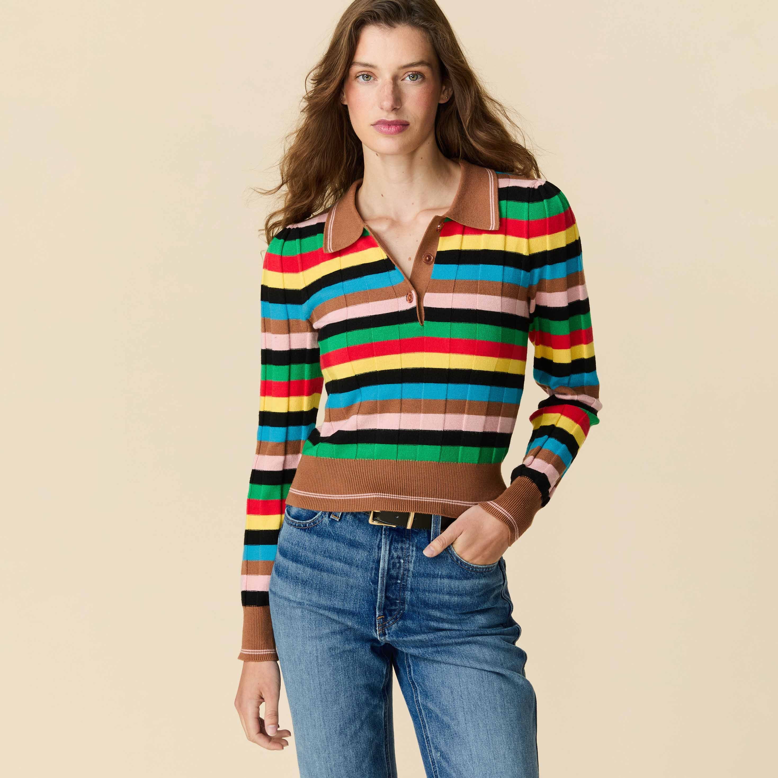 Women's Knit Jacquard Stripe Long Sleeve Polo Croquet - Image 2