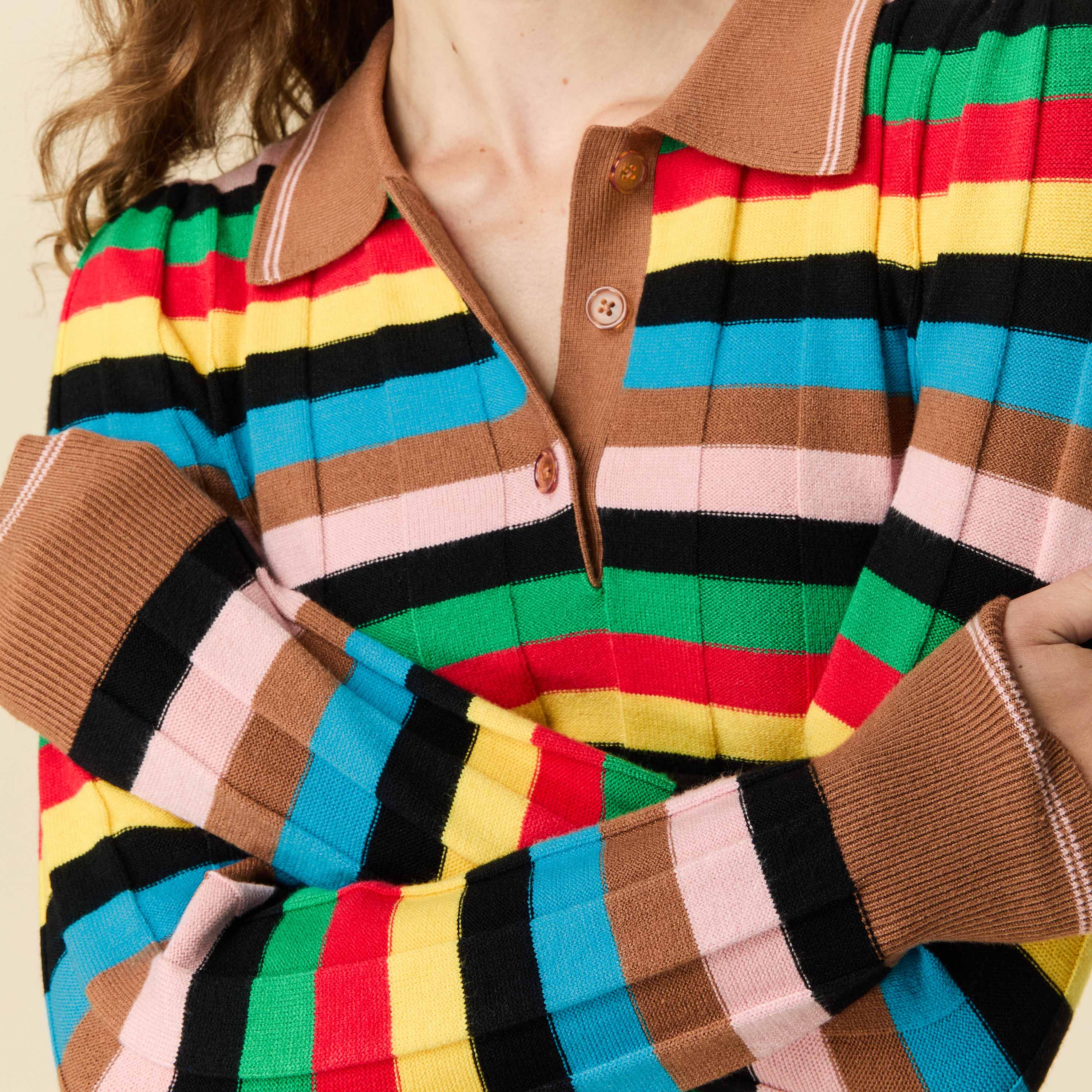 Women's Knit Jacquard Stripe Long Sleeve Polo Croquet - Image 3