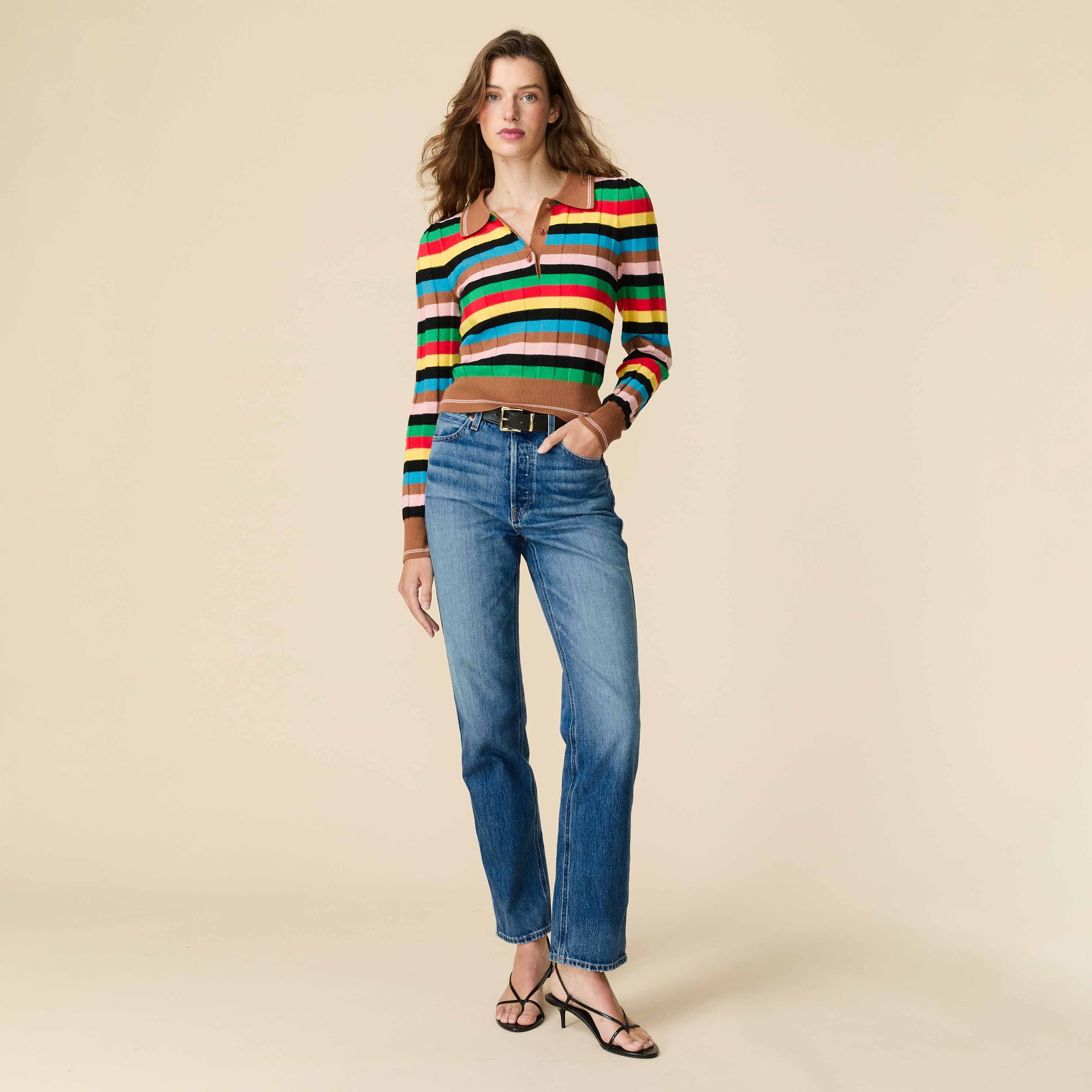 Women's Knit Jacquard Stripe Long Sleeve Polo Croquet - Image 4