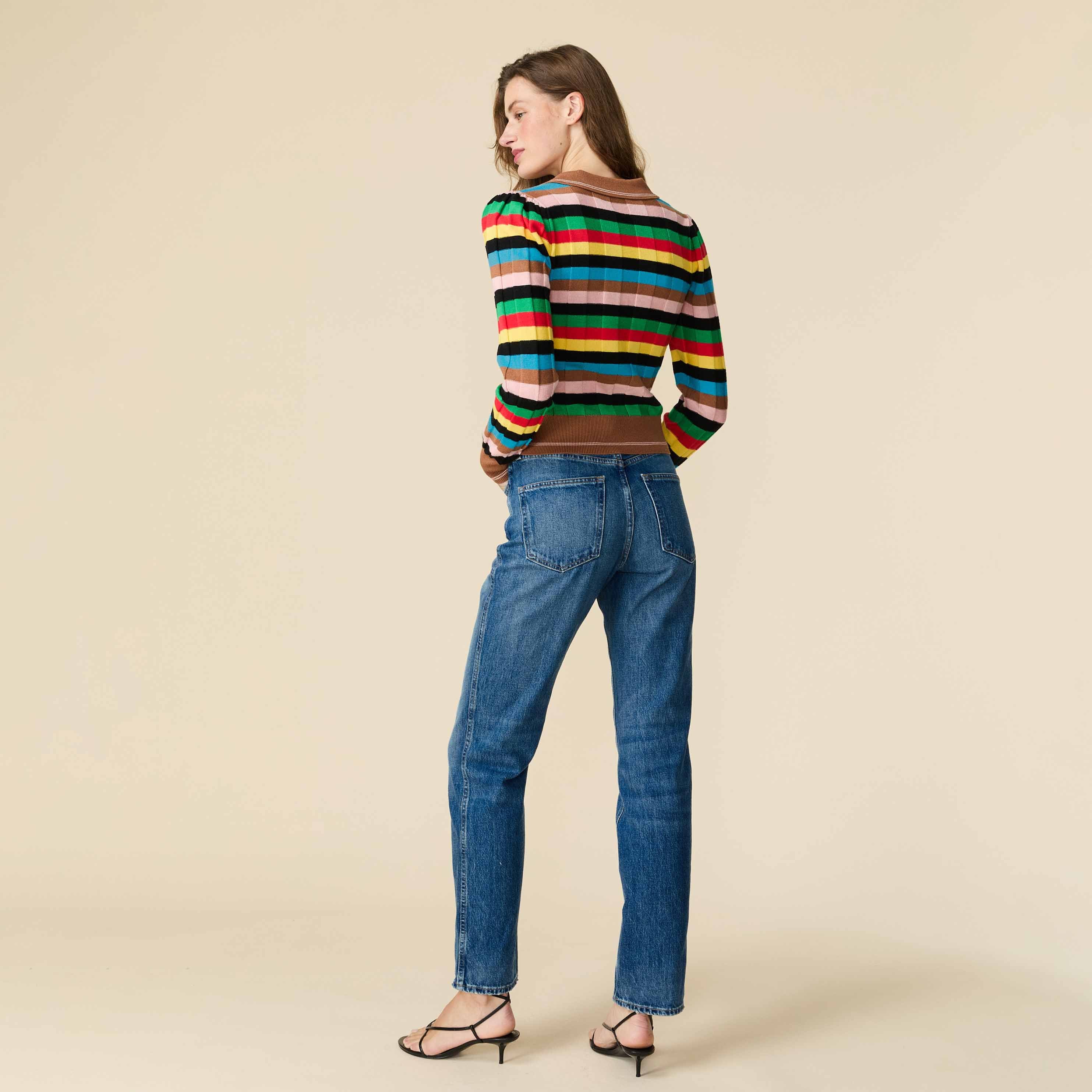 Women's Knit Jacquard Stripe Long Sleeve Polo Croquet - Image 5