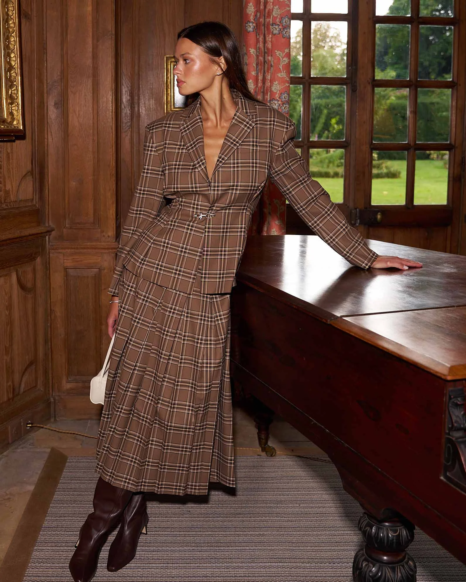 Women's Plaid Pleated Midi Skirt Brown Plaid - Image 3
