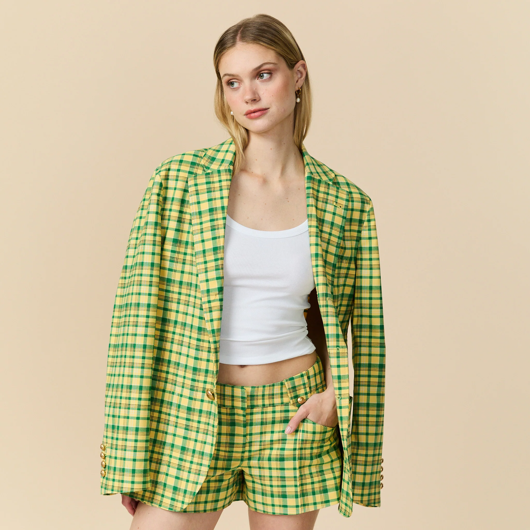 Women's Plain Weave Shorts Yellow Plaid - Image 3