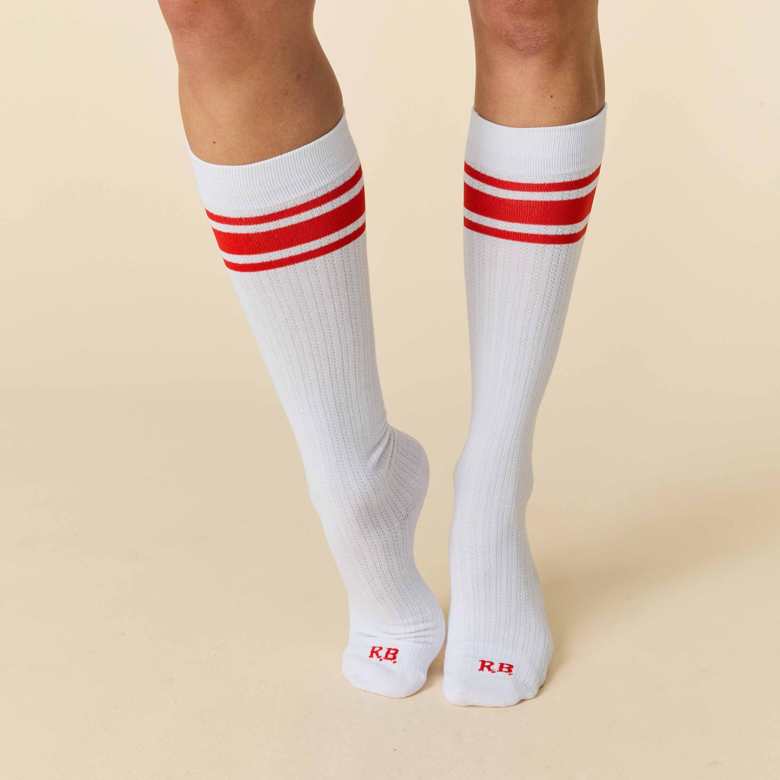 Women's Signature Red Striped Knee Socks White - Image 3