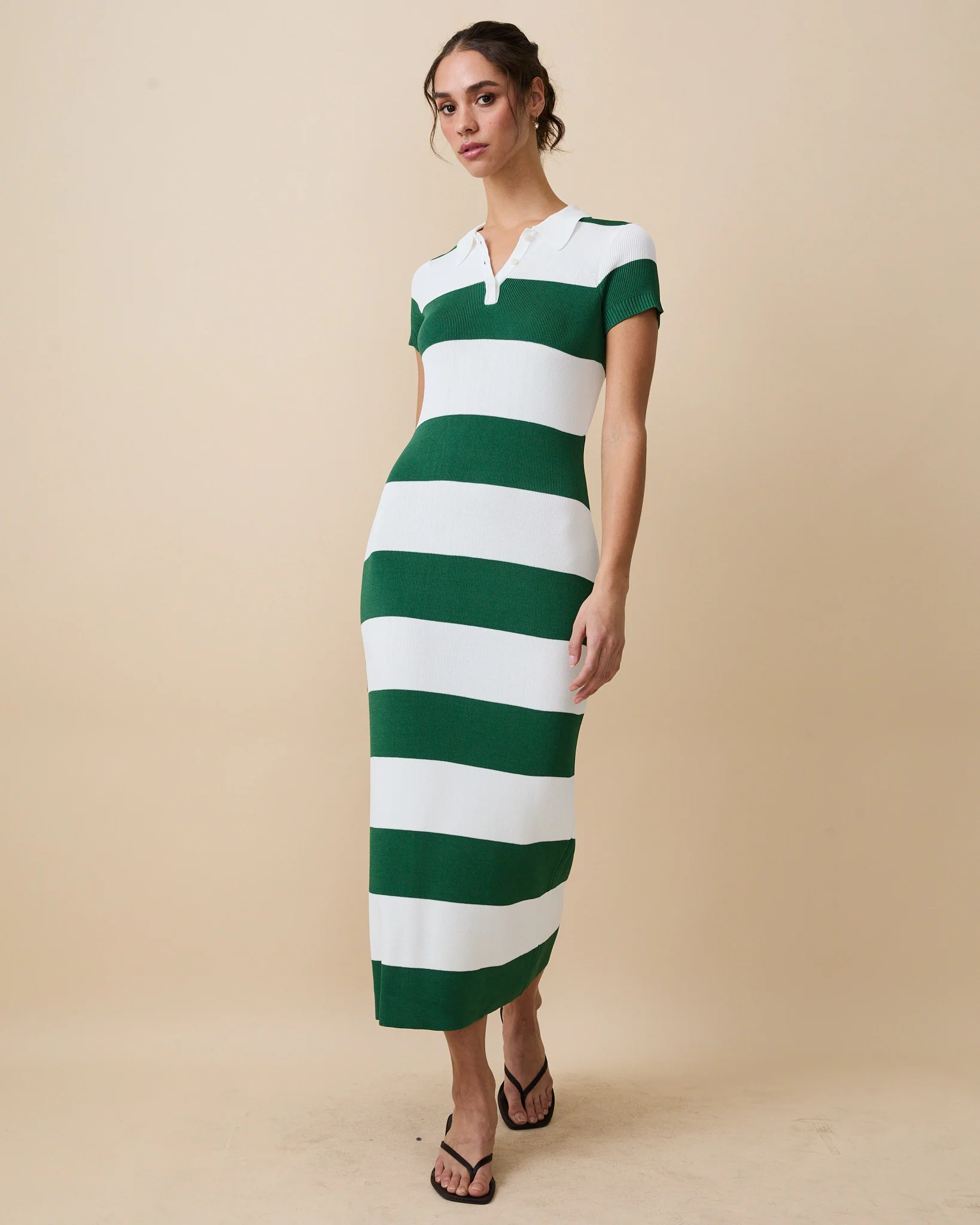 Women's Striped Polo Maxi Dress Green White Rugby Stripes - Image 4