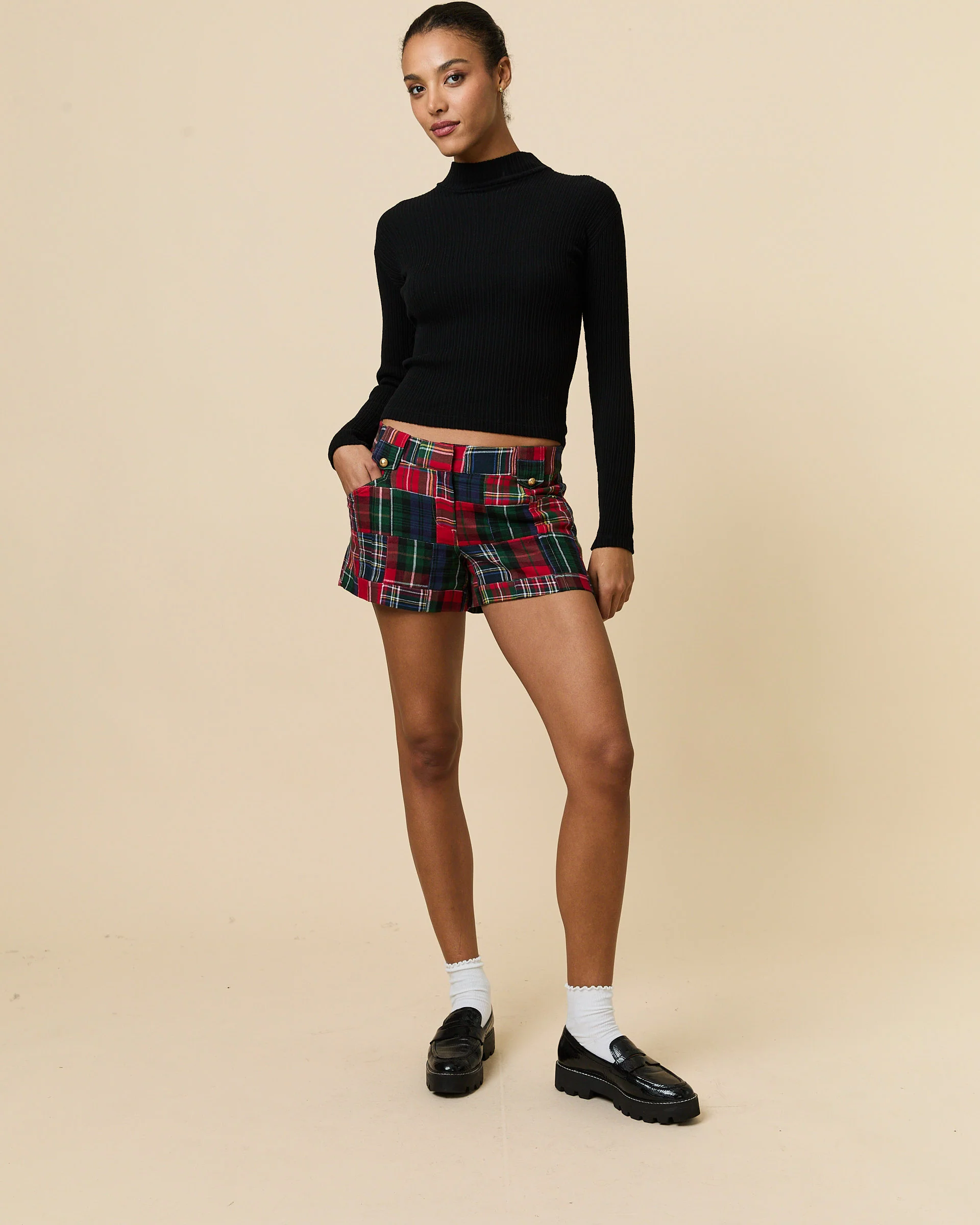 Women's Twill Patchwork Shorts Holiday Patchwork Plaid - Image 5